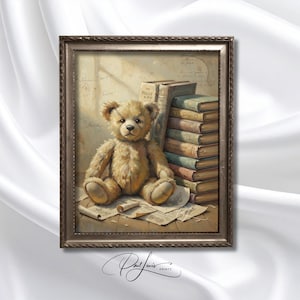 May include: A framed print featuring a vintage teddy bear sitting on a wooden surface, surrounded by old books and papers. The bear is light brown with a stitched nose and button eyes. The print has a warm, sepia-toned color palette.