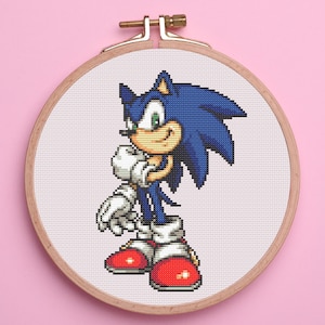 Könnte beinhalten: Kreuzstich-Stickerei von Sonic the Hedgehog in einem Holzreifen. Die Figur ist in blauen, weißen, roten und beigen Fäden dargestellt. Der Hintergrund ist hellrosa.