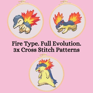 Fire Types #155-157 Full Evolution Cross Stitch Pattern. Easy Cross Stitch Pattern. PDF Pattern Cross Stitch. Anime Cross Stitch Pattern
