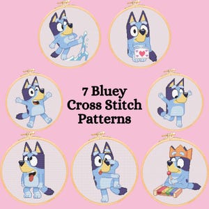 Puede incluir: Siete patrones de punto de cruz con Bluey, un perro blue heeler del popular dibujo animado para niños. Cada patrón muestra a Bluey en una pose diferente, incluyendo tocando el xilófono, sosteniendo una tarjeta y pateando un zapato.
