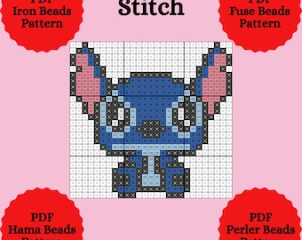 May include: A pixelated blue character design, labeled "Stitch," is the central focus of this image. The design is composed of various colored squares. The image also includes the text "PDF Iron Beads Pattern," "PDF Fuse Beads Pattern," "PDF Hama Beads Pattern," and "PDF Perler Beads Pattern."