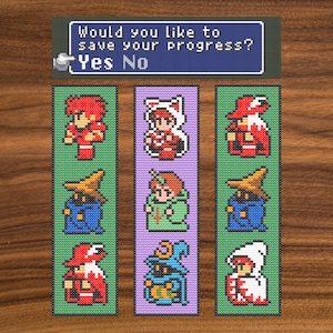 May include: Cross-stitch bookmarks featuring characters from a video game. The bookmarks are green and purple with pixelated characters in red, white, blue, and yellow. The top of the image has a pixelated text box that says "Would you like to save your progress?" with "Yes" and "No" options.