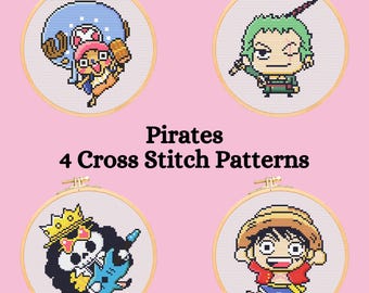 May include: Four cross-stitch patterns featuring cartoon pirate characters in wooden hoops. The characters are in various colors, including red, green, blue, and yellow. The text "Pirates 4 Cross Stitch Patterns" is displayed in the center.