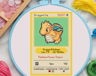 Dragonite Card Cross Stitch Pattern. Geeky Cross Stitch Pattern. 8-Bit Cross Stitch Pattern. Trading Card Cross Stitch. Nerdy Cross Stitch