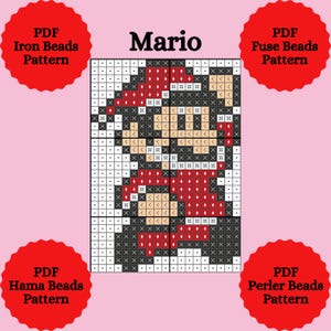 May include: A pixelated pattern of Mario in red, black, tan, and white, with the name "Mario" above. The image includes text that says "PDF Iron Beads Pattern", "PDF Fuse Beads Pattern", "PDF Hama Beads Pattern", and "PDF Perler Beads Pattern".