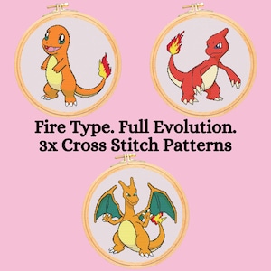 Fire Types #4-6 Full Evolution Cross Stitch Pattern. Easy Cross Stitch Pattern. PDF Pattern Cross Stitch. Anime Cross Stitch Pattern