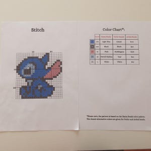 May include: A cross-stitch pattern of the character Stitch from the Disney movie Lilo & Stitch. The pattern is in a grid format with blue, pink, and white colors. A color chart is included, listing Hama, Perler, and Artkal bead colors.