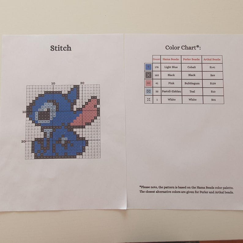 May include: A cross-stitch pattern of the character Stitch from the Disney movie Lilo & Stitch. The pattern is in a grid format with blue, pink, and white colors. A color chart is included, listing Hama, Perler, and Artkal bead colors.
