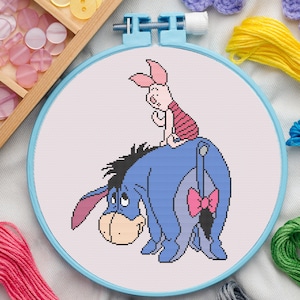 Patrón de punto de cruz de burro y cerdo para principiantes. Patrón de punto de cruz de animales. Patrón de punto de cruz de dibujos animados. Patrón de punto de cruz en PDF.