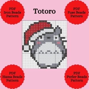 Può includere: Un motivo pixelato di Totoro, con sfumature di grigio, rosso e nero. L'immagine include il testo "Totoro" ed etichette per modelli PDF: Iron Beads, Fuse Beads, Hama Beads e Perler Beads.