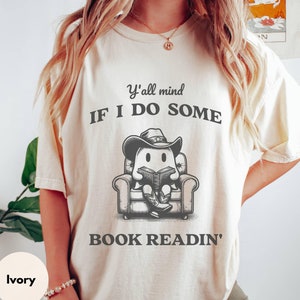 Comfort Colors Cute Ghost Reading Books Shirt, Westerner Ghost Halloween Tee, Teacher Ghost T-Shirt, Bookworm Gift for Librarian, Book Lover