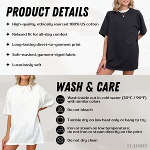 May include: The image shows a woman wearing a black t-shirt and a white t-shirt. The text on the image says "PRODUCT DETAILS" and "WASH & CARE". The product details include high-quality, ethically sourced 100% US cotton.