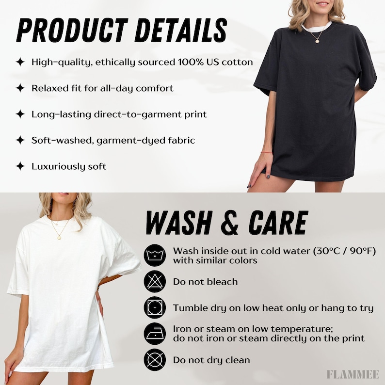 May include: The image shows a woman wearing a black t-shirt and a white t-shirt. The text on the image says "PRODUCT DETAILS" and "WASH & CARE". The product details include high-quality, ethically sourced 100% US cotton.