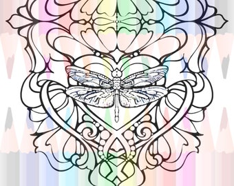 I Heart Dragonfly Coloring Page, Digital Download to Print and Color! Art Nouveau Inspired Design