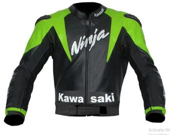 Chaqueta de motociclista Kawasaki Ninja de cuero genuino, hecha a mano, en color verde y negro, con elegantes almohadillas de seguridad.
