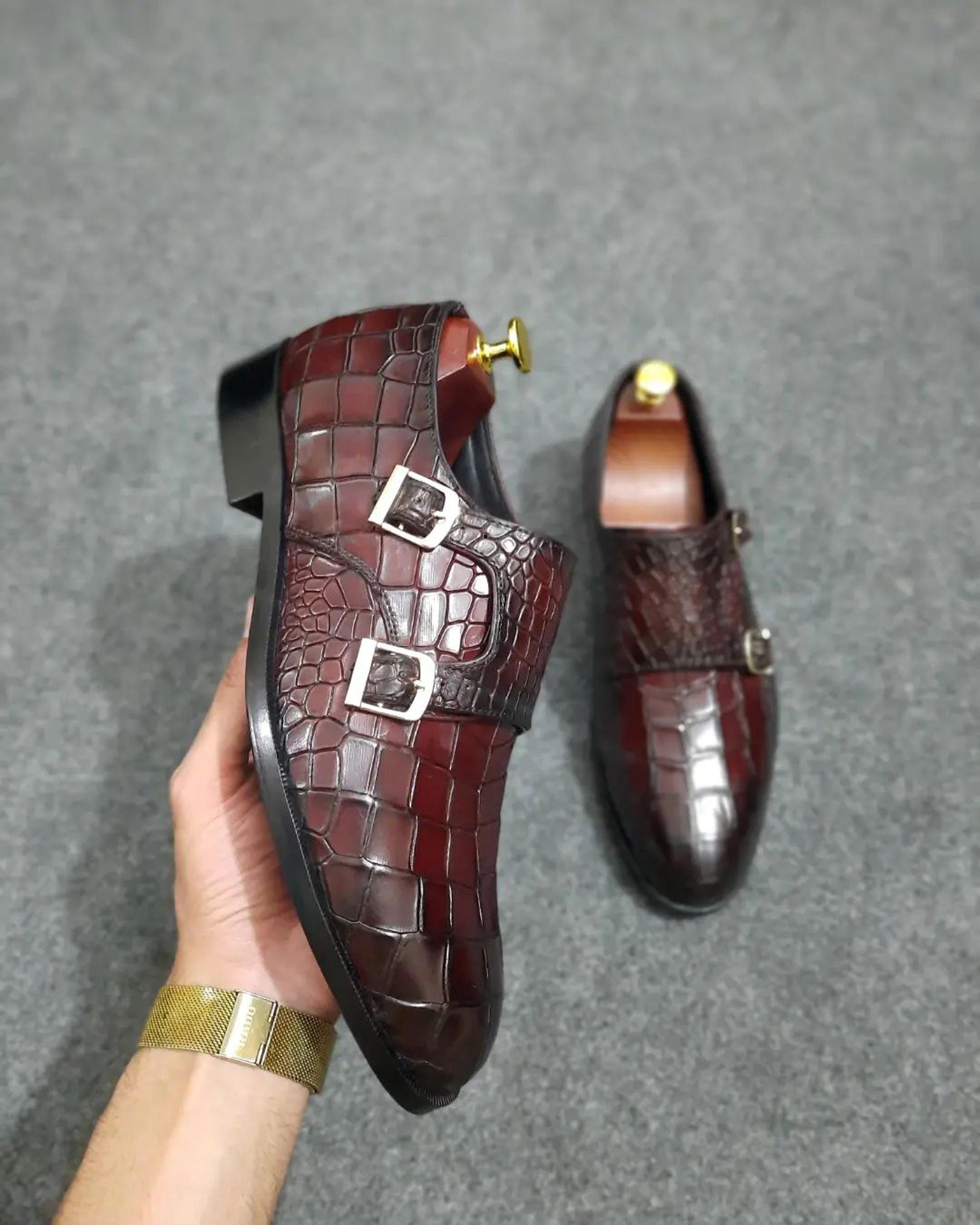Handmade Burgundy Color Original Calf Leather Stylish Double 