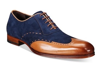 Handmade Navy Blue & Tan Color Original Calf Leather and Suede Stylish Wing Tip Lace Up Oxfords Shoes for Men's