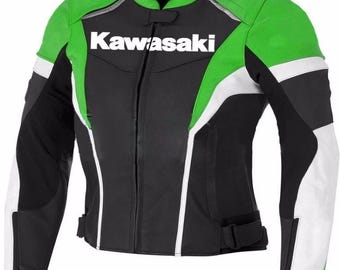 Chaqueta de motociclista Kawasaki Ninja de cuero genuino, hecha a mano, en colores verde, negro y blanco, con elegantes almohadillas de seguridad.