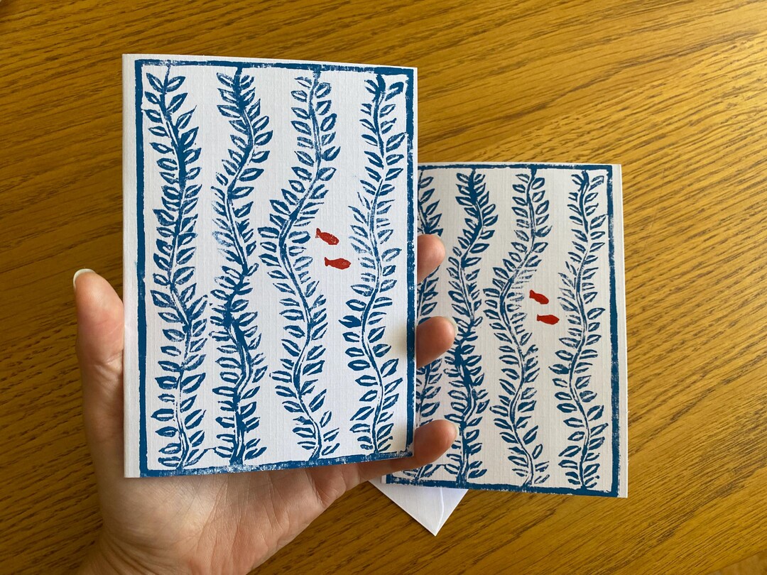 Handprinted Linocut Blank Greeting Cards | Aquarium - With Colour ...