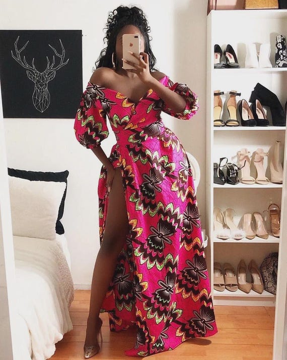 Pink Plus Size African Ankara Print Maxi Party Dress With Head