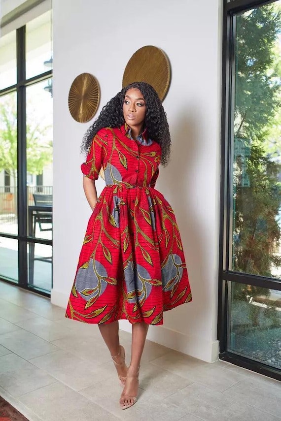 Red African Ankara Print Plus Shirt Dress for Party With Headwrap