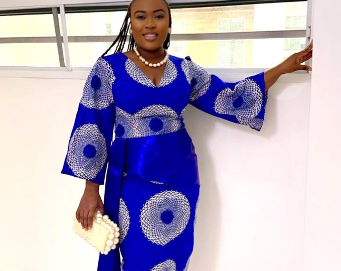 Featured listing image: Blue White African Ankara Plus Size Clothing Party Dress With Free Headwrap and Nose Mask, African Dress, African dresses For Women Wedding