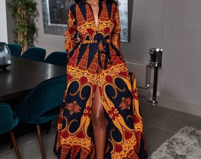 Featured listing image: Brown, black African Ankara Print plus style women with free headwrap, African print Dress, Ankara shirt dress, African clothing