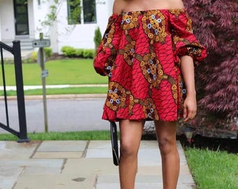 Vestido curto de festa estilo africano vermelho Ankara com alça de ombro grátis para mulheres