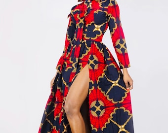 Red African Ankara Maxi Shirt Dress for Plus Size Women With Head