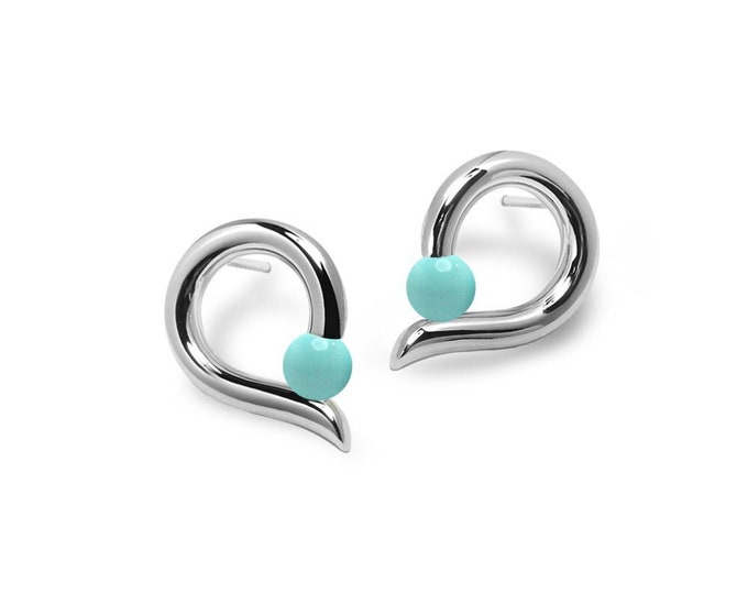Teardrop Elegant Tension Set Turquoise Sphere Stud Earrings in Steel Stainless by Taormina Jewelry