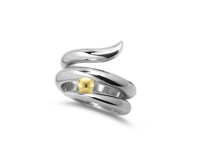 ONDE multi row bypass ring with tension set gold sphere in stainless steel by Taormina Jewelry