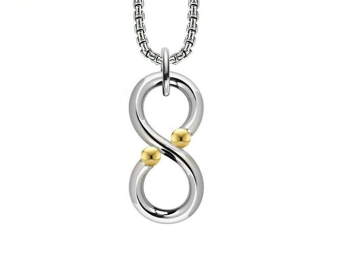 ONDE Infinity vertical pendant with tension set gold spheres in stainless steel by Taormina Jewelry