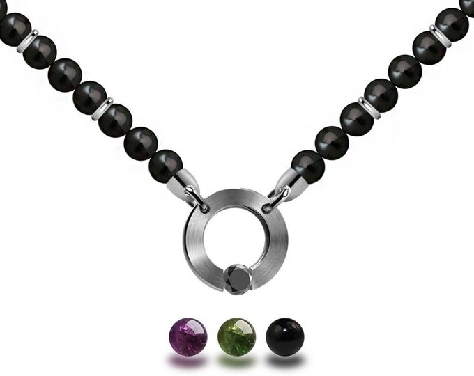 ABBRACCI beads necklace with stainless steel round center element and tension set semiprecious sphere by Taormina Jewelry