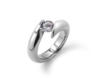 ONDE Bypass ring with tension set white sapphire in Stainless Steel by Taormina Jewelry