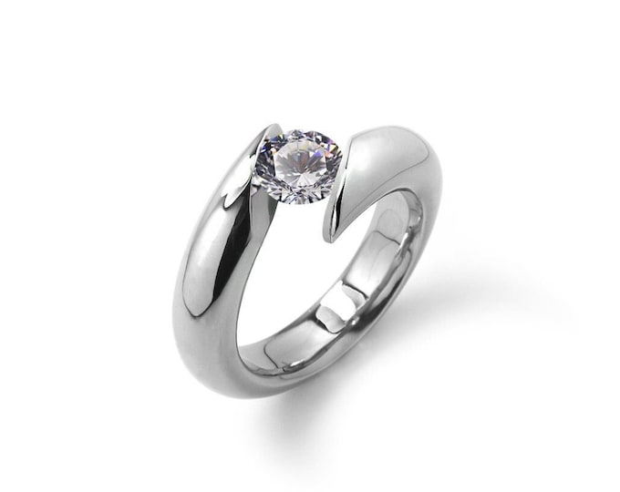 ONDE Bypass ring with tension set white sapphire in Stainless Steel by Taormina Jewelry