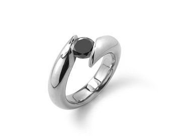 ONDE Bypass ring with tension set Black Diamond in Stainless Steel by Taormina Jewelry