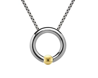 Necklace with a center ring & tension set gold sphere in stainless steel by Taormina Jewelry
