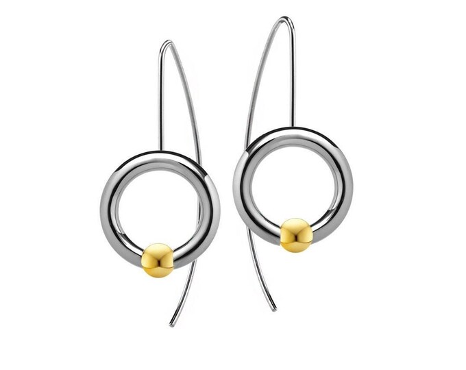 LUNA round drop earrings with tension set gold sphere in stainless steel by Taormina Jewelry