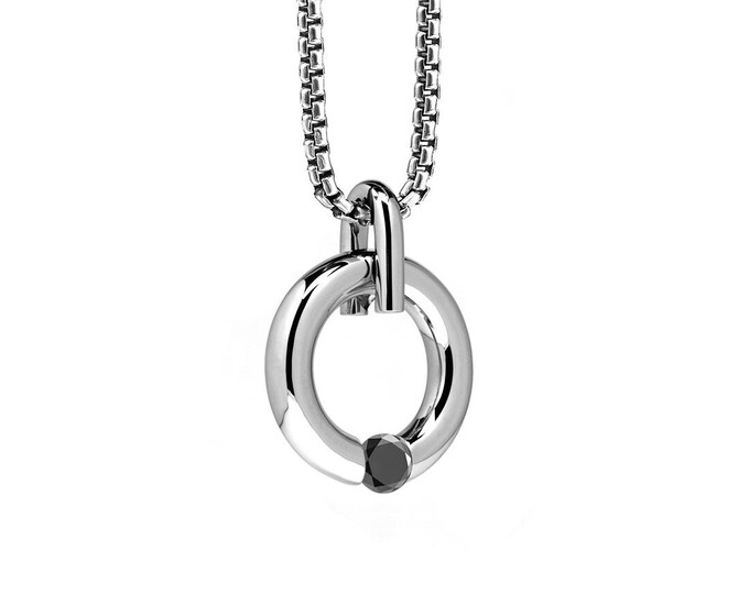 LUNA round tubular pendant with tension set black diamond in stainless steel by Taormina Jewelry