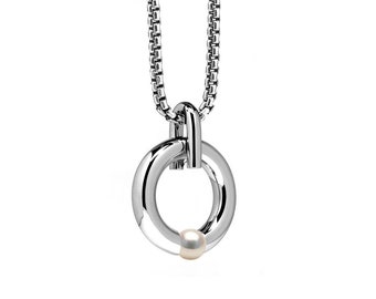 LUNA round tubular pendant with tension set white pearl in stainless steel by Taormina Jewelry