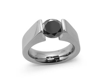 AMORE High mounting ring with tension set black diamond in stainless steel