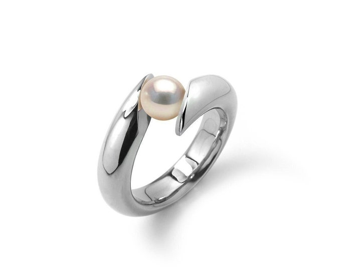 ONDE Bypass ring with tension set cultured white pearl in Stainless Steel by Taormina Jewelry