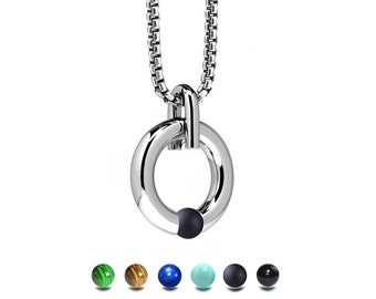 LUNA round tubular pendant with tension set semiprecious sphere in stainless steel by Taormina Jewelry