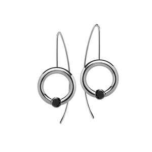 LUNA round drop earrings with tension set black diamonds in stainless steel by Taormina Jewelry image 1