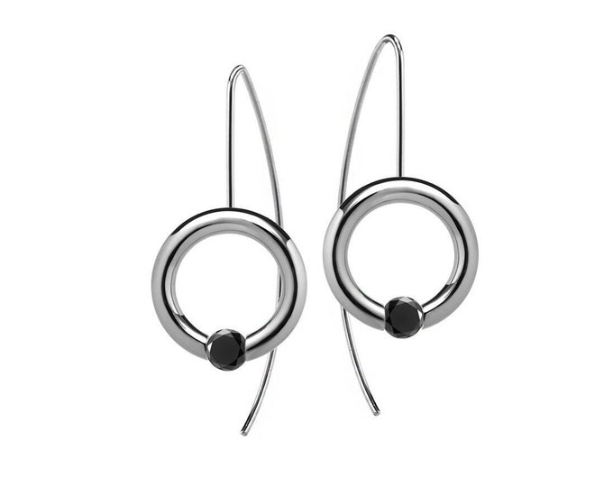 LUNA round drop earrings with tension set black diamonds in stainless steel by Taormina Jewelry