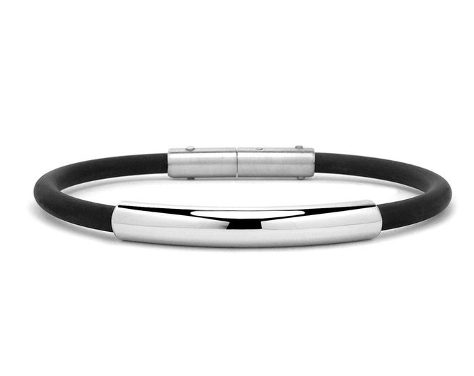 5mm Men's Black Rubber Bracelet with 6mm width Stainless Steel Tube by Taormina Jewelry