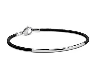 2mm thin black textile cord bracelet with stainless steel curved tube by Taormina Jewelry