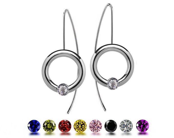 LUNA round drop earrings with tension set colored gemstone in stainless steel by Taormina Jewelry