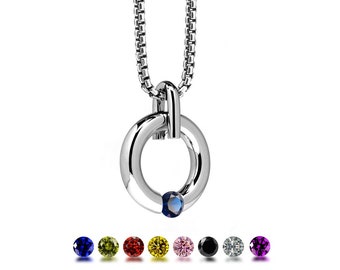 LUNA round tubular pendant with tension set colored sapphire in stainless steel by Taormina Jewelry