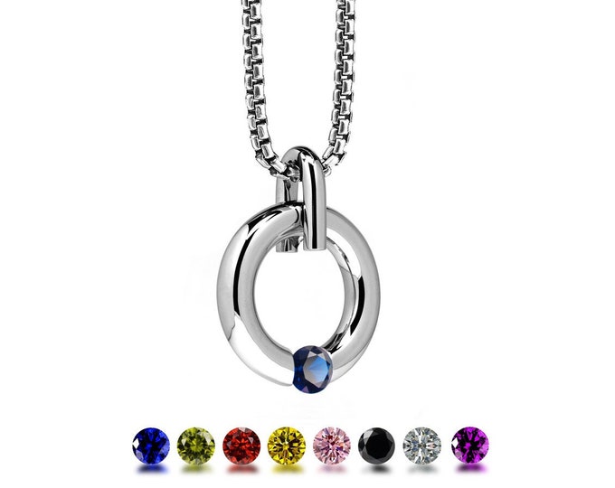 LUNA round tubular pendant with tension set colored sapphire in stainless steel by Taormina Jewelry